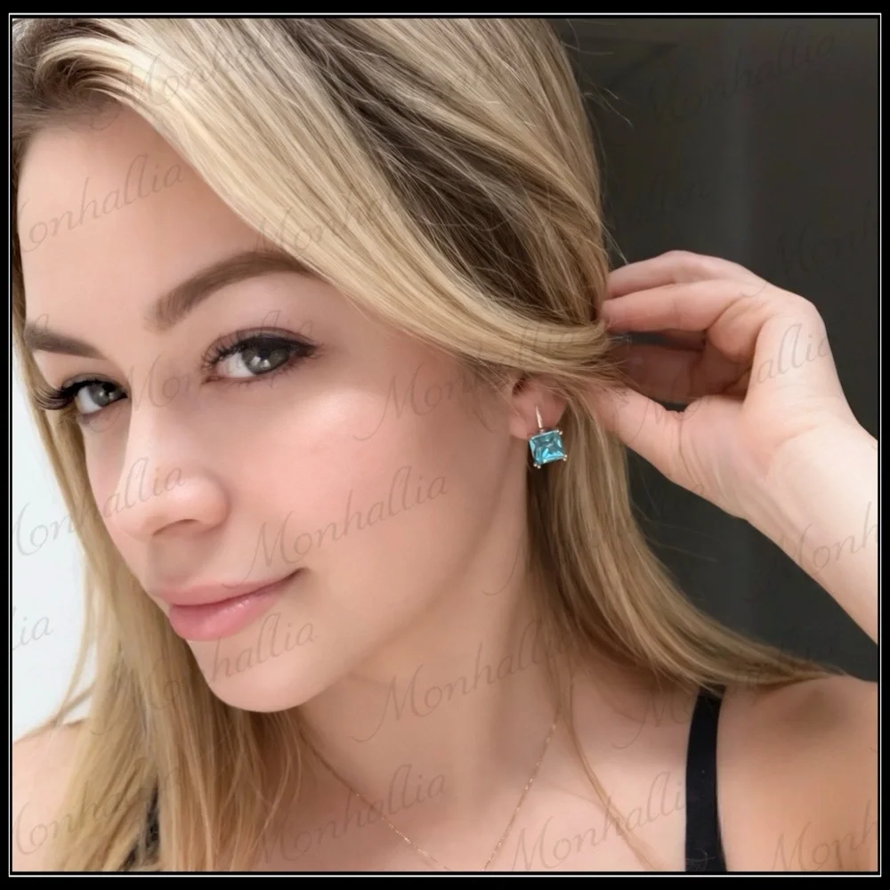 NEW 585 ROSE GOLD BLUE TOPAZ PRISM SQUARE CUT HOOK EARRINGS